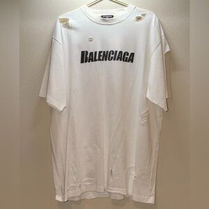 Balenciaga White Distressed Logo Short Sleeve Tee